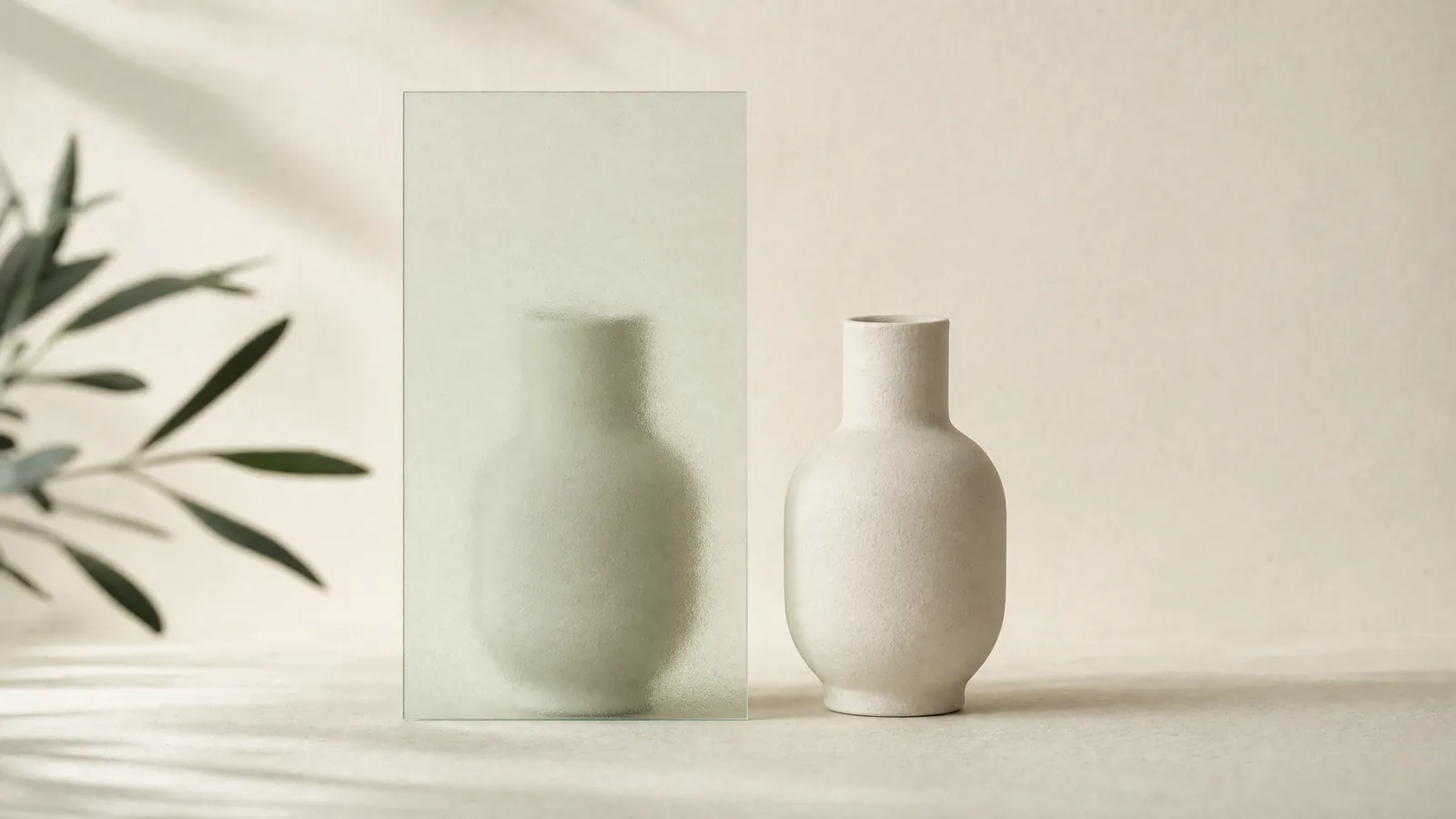 Two identical ceramic vessels, one softened behind frosted glass, the other seen clearly