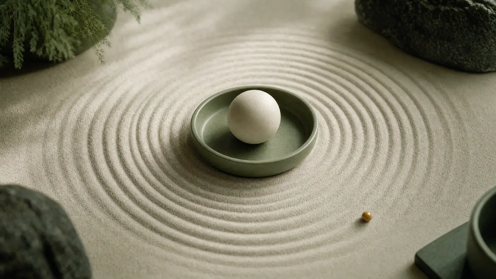 A ceramic sphere in a sage dish at the center of sand raked into concentric rings