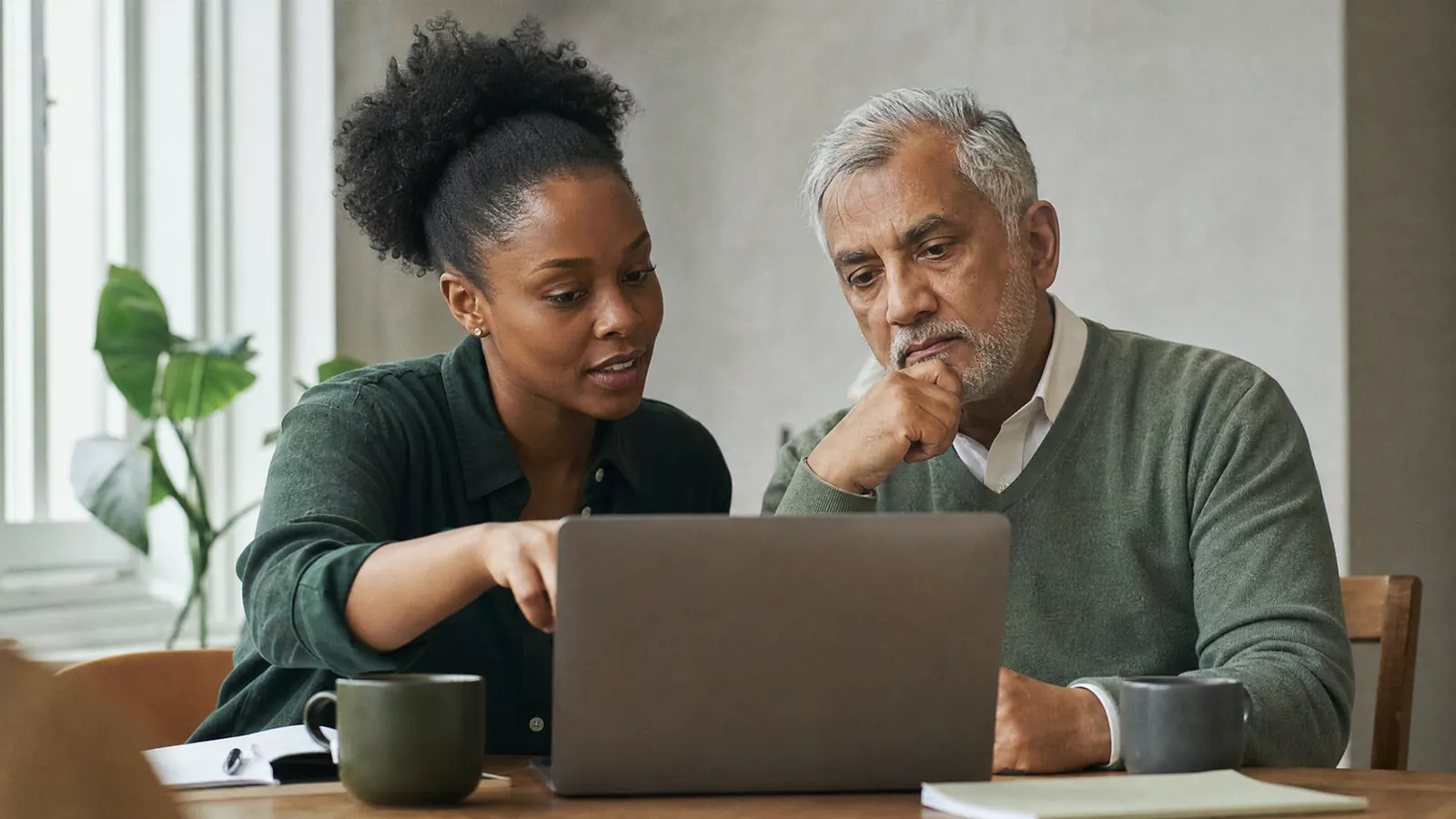Two colleagues reviewing a candidate's scorecard together on a laptop