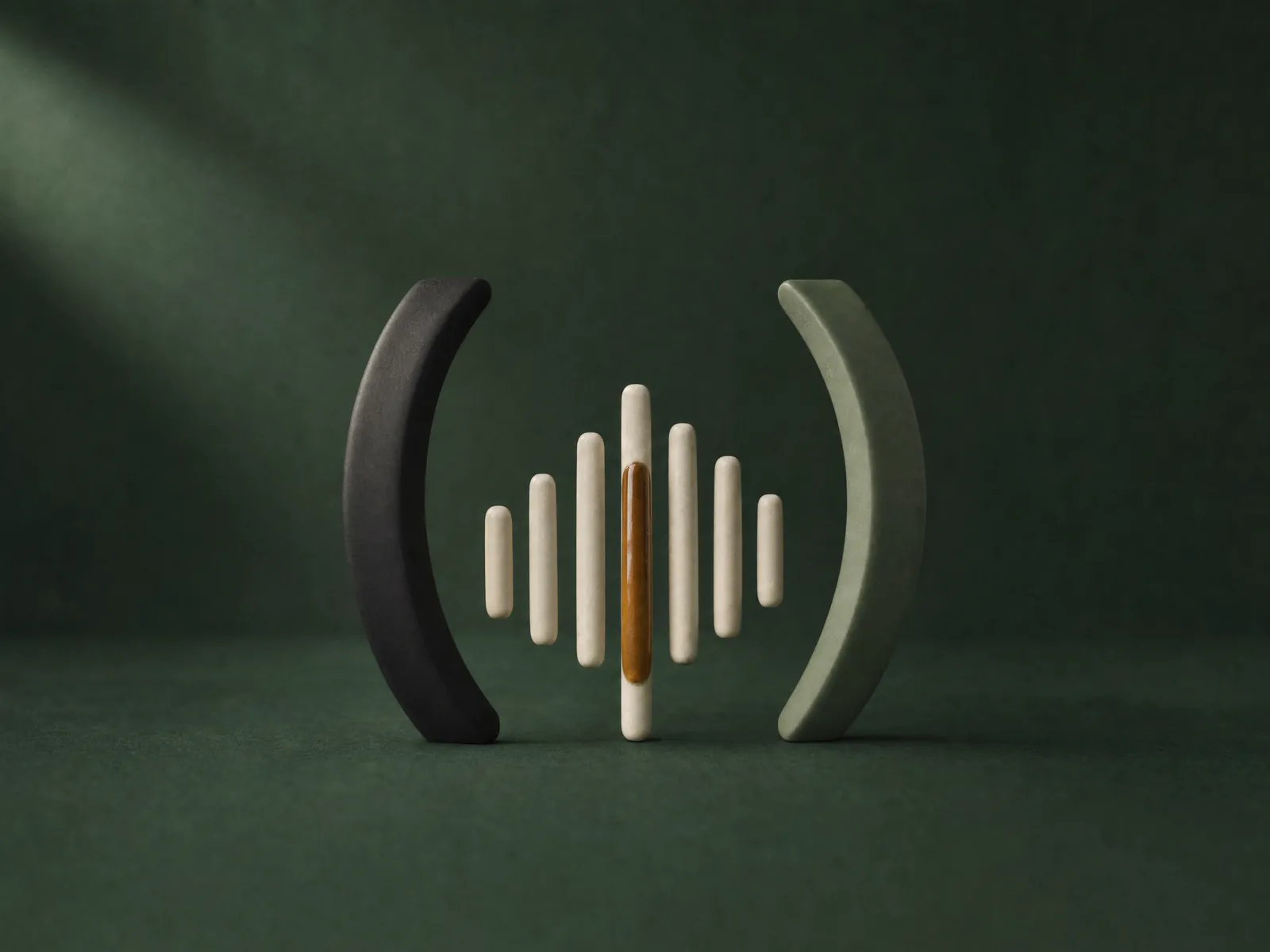 Two ceramic arcs framing a waveform of slim ceramic bars, one glazed amber